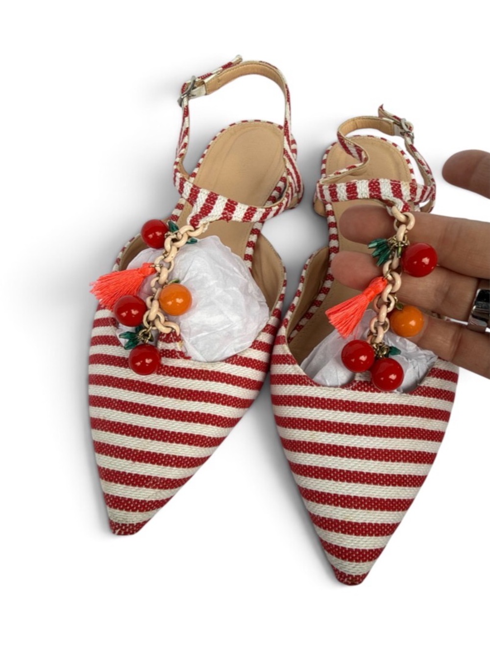 J. Crew Red and White Striped Pointed-Toe Slingback Mules with Cherry Charms